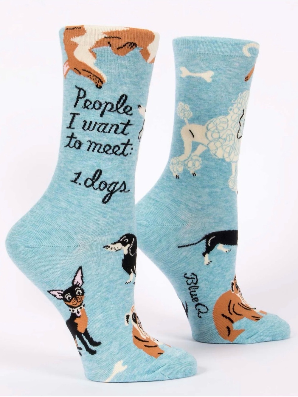 NWT: Blue Q Women's Light Blue Dog Crew Socks - Fun Dog Pattern